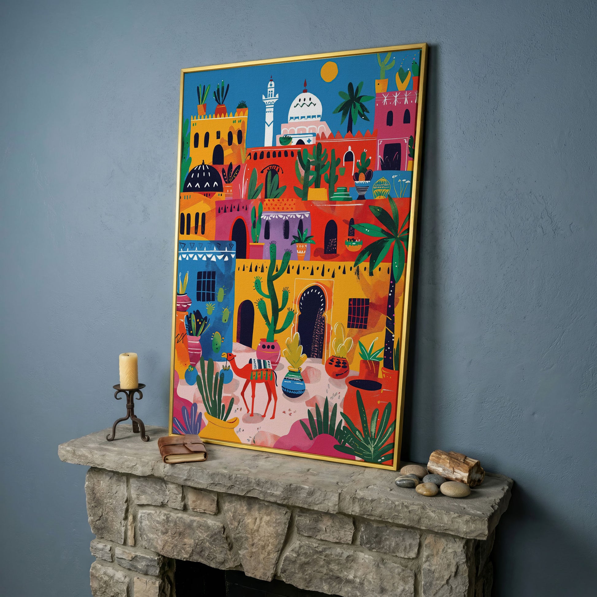 Moroccan Town Canvas Art with Camel, Cacti and Palm Trees in yellow gold floating frame
