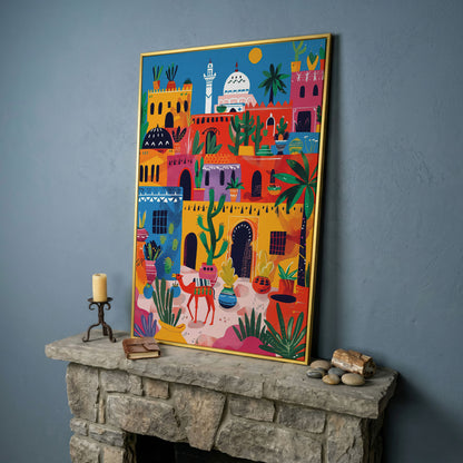 Moroccan Town Canvas Art with Camel, Cacti and Palm Trees in yellow gold floating frame
