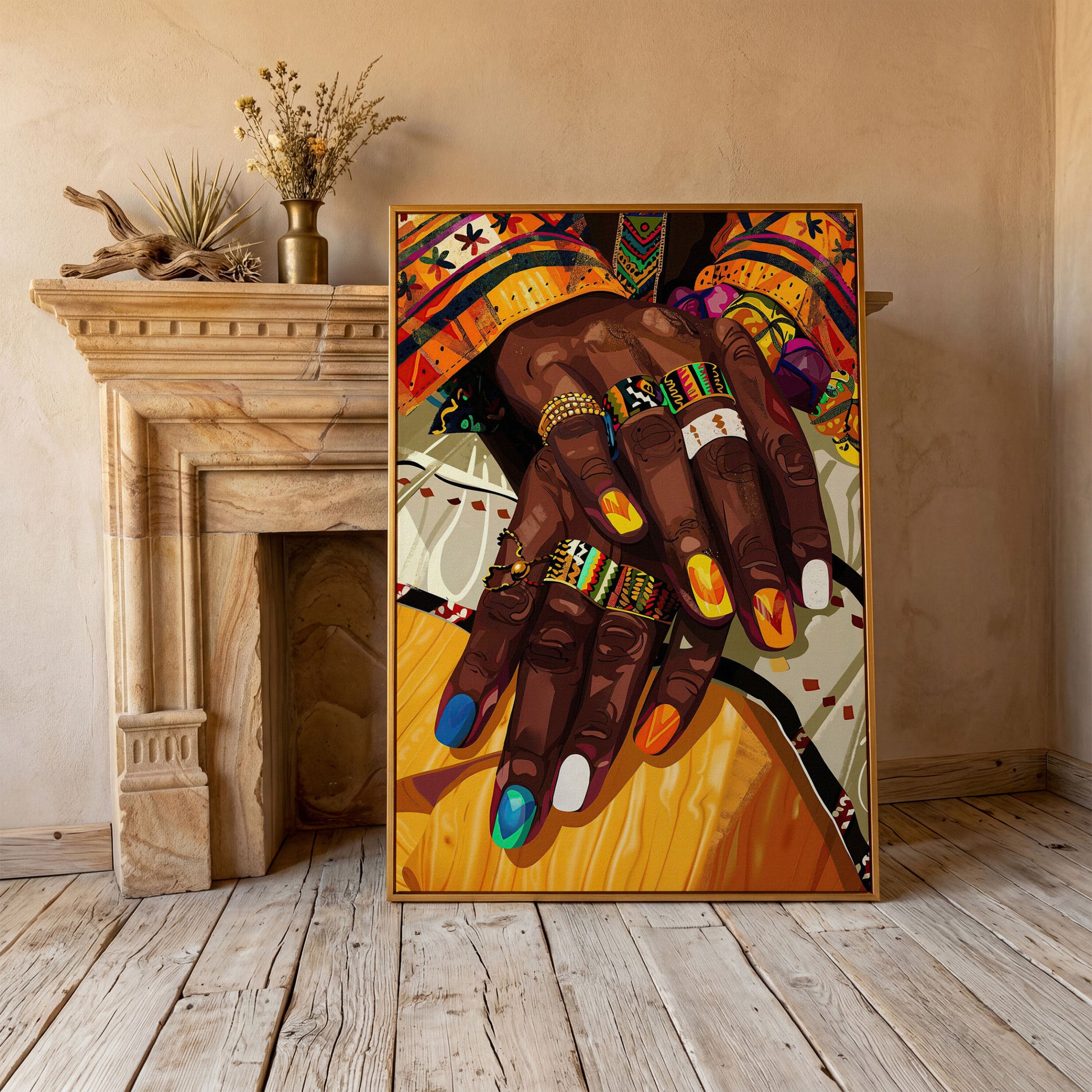 Adorned Hands Canvas Art. Afrocentric Nail and Ring Close-Up in antique gold floating frame