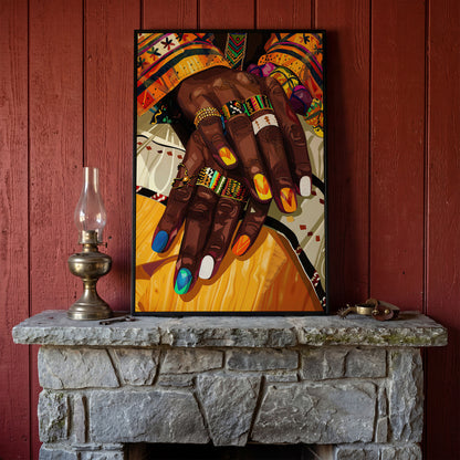 Adorned Hands Canvas Art. Afrocentric Nail and Ring Close-Up in black floating frame
