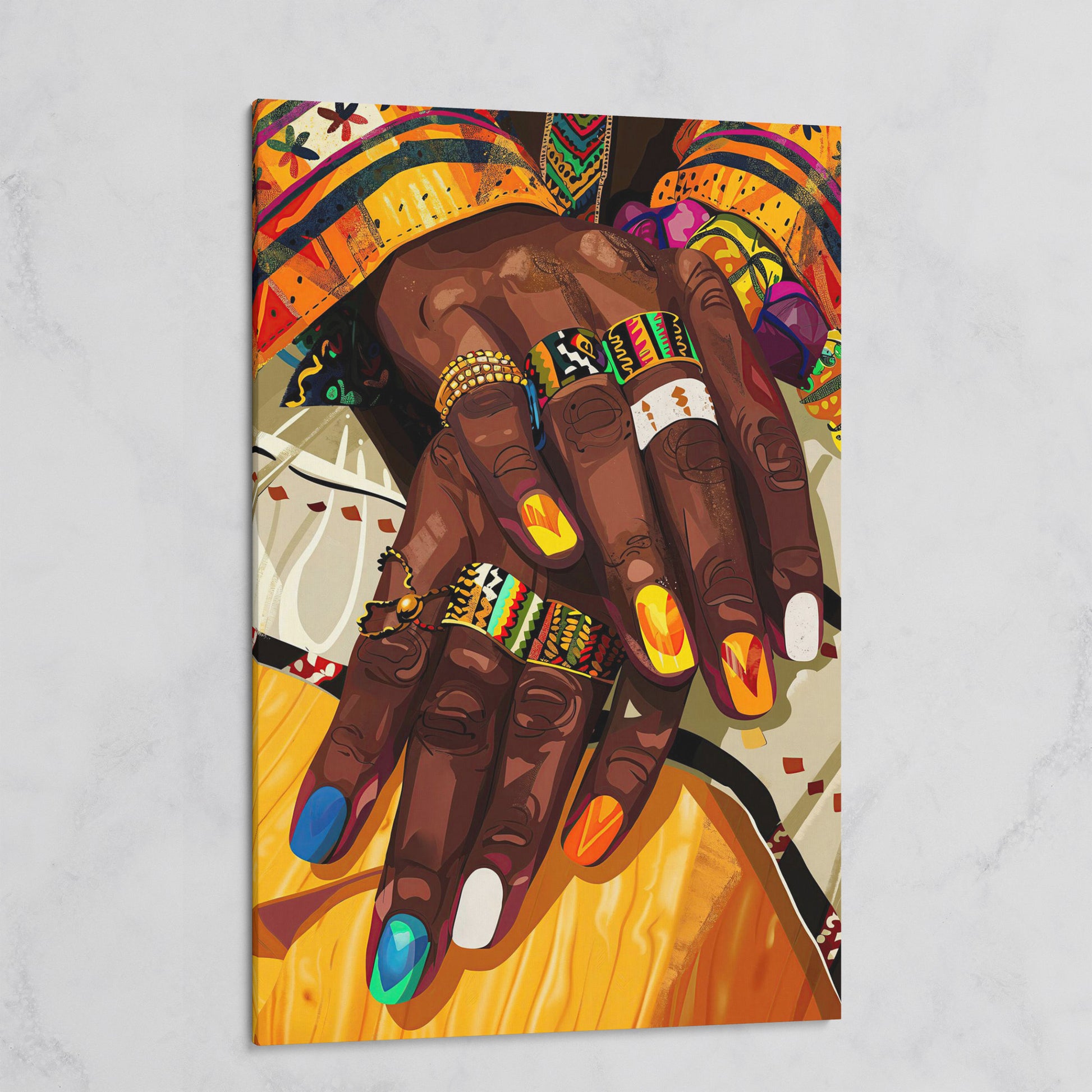 Adorned Hands Canvas Art. Afrocentric Nail and Ring Close-Up on gallery wrap