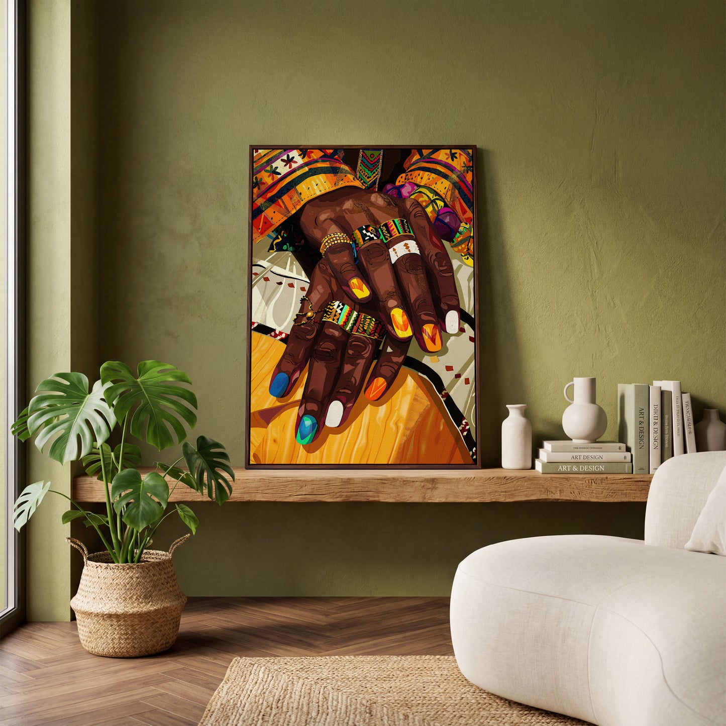 Adorned Hands Canvas Art. Afrocentric Nail and Ring Close-Up in dark walnut floating frame