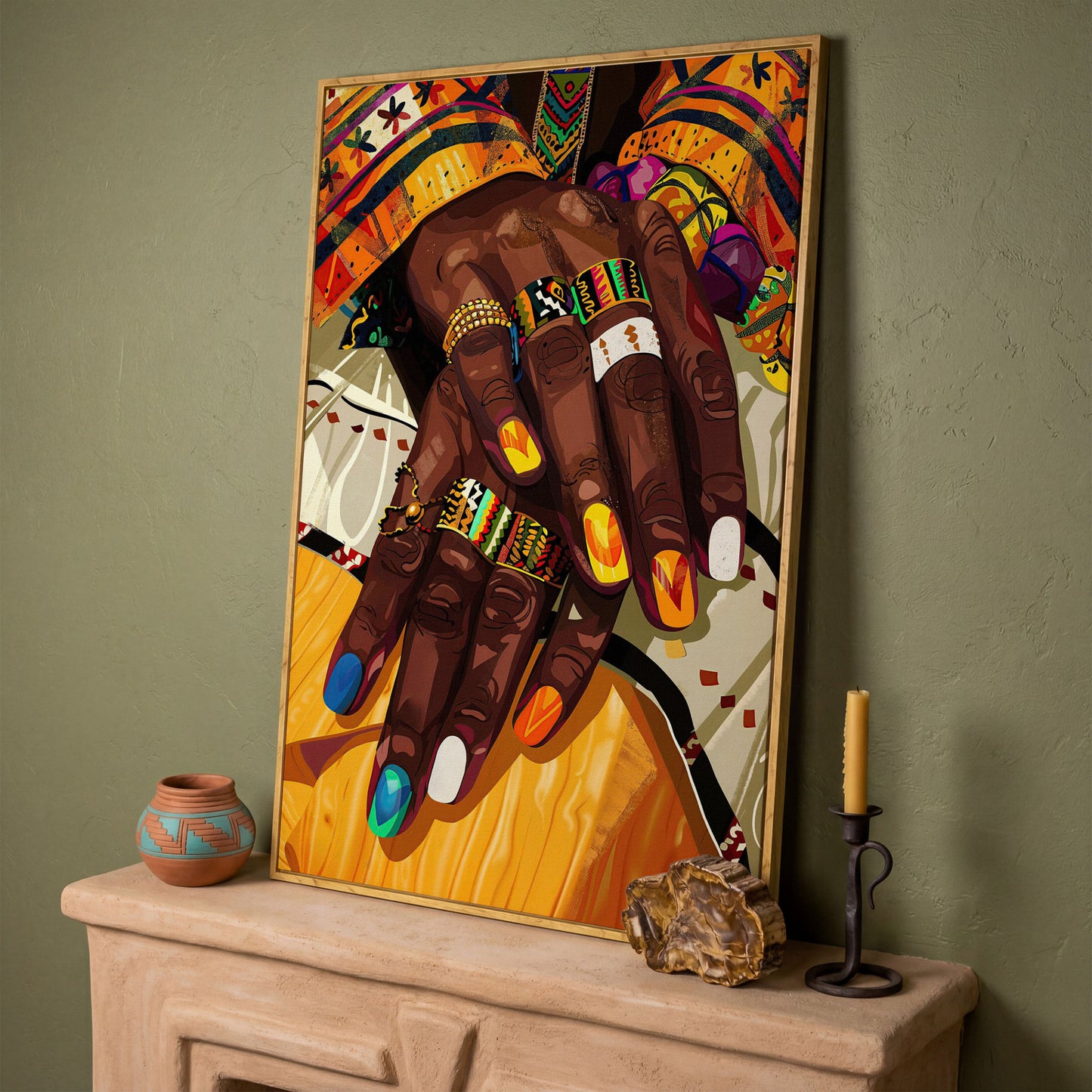 Adorned Hands Canvas Art. Afrocentric Nail and Ring Close-Up in white oak floating frame