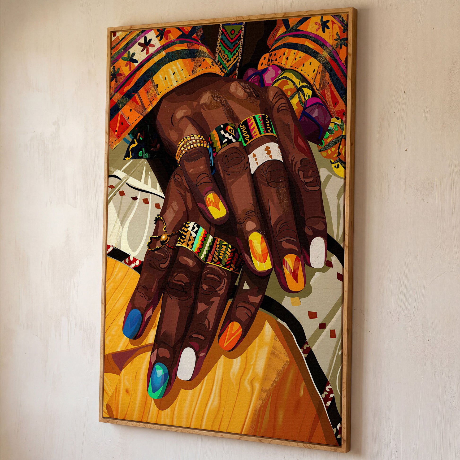 Adorned Hands Canvas Art. Afrocentric Nail and Ring Close-Up shown in white oak floating frame
