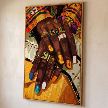 Adorned Hands Canvas Art. Afrocentric Nail and Ring Close-Up shown in white oak floating frame