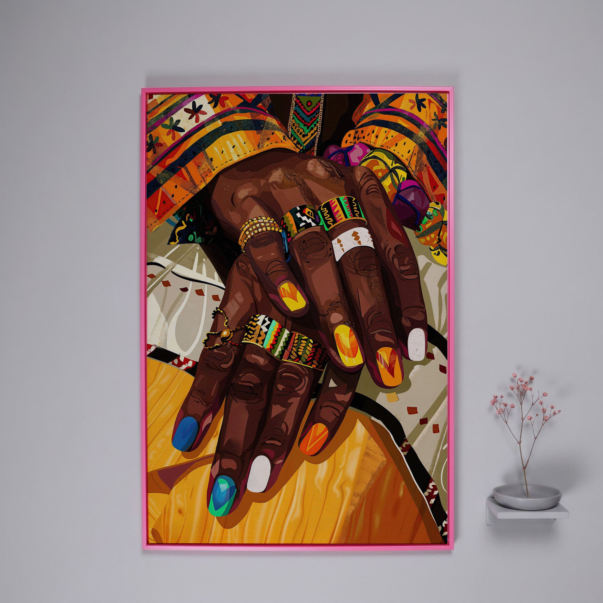 Adorned Hands Canvas Art. Afrocentric Nail and Ring Close-Up in pink floating frame
