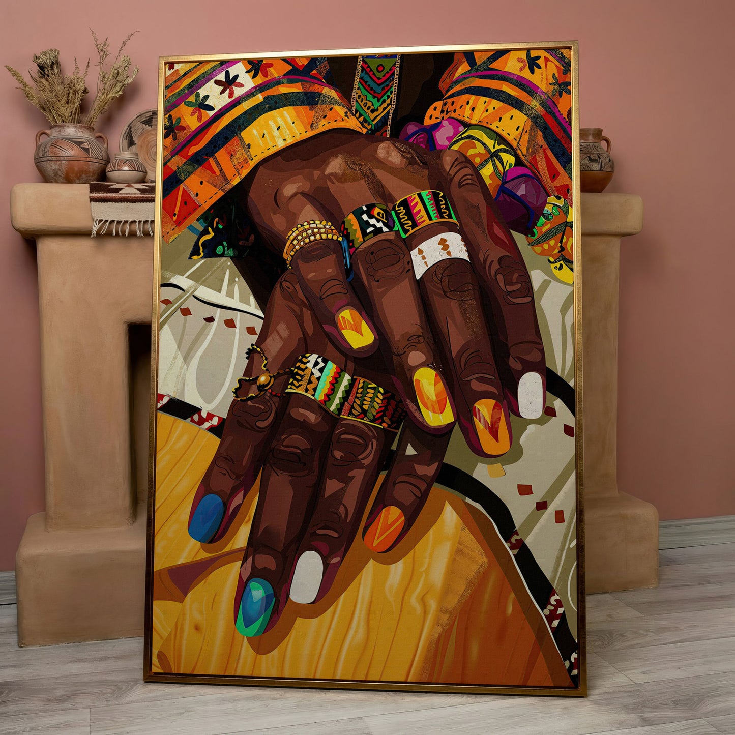 Adorned Hands Canvas Art. Afrocentric Nail and Ring Close-Up in rose gold floating frame