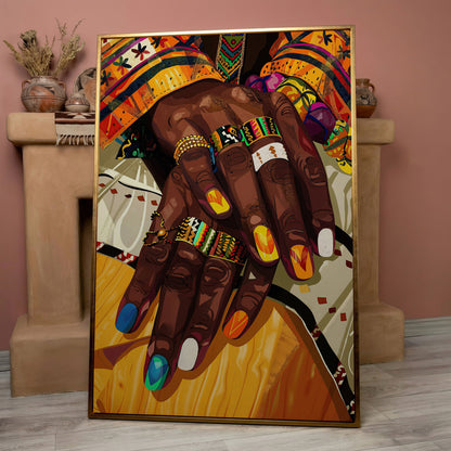 Adorned Hands Canvas Art. Afrocentric Nail and Ring Close-Up in rose gold floating frame