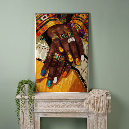 Adorned Hands Canvas Art. Afrocentric Nail and Ring Close-Up in silver floating frame