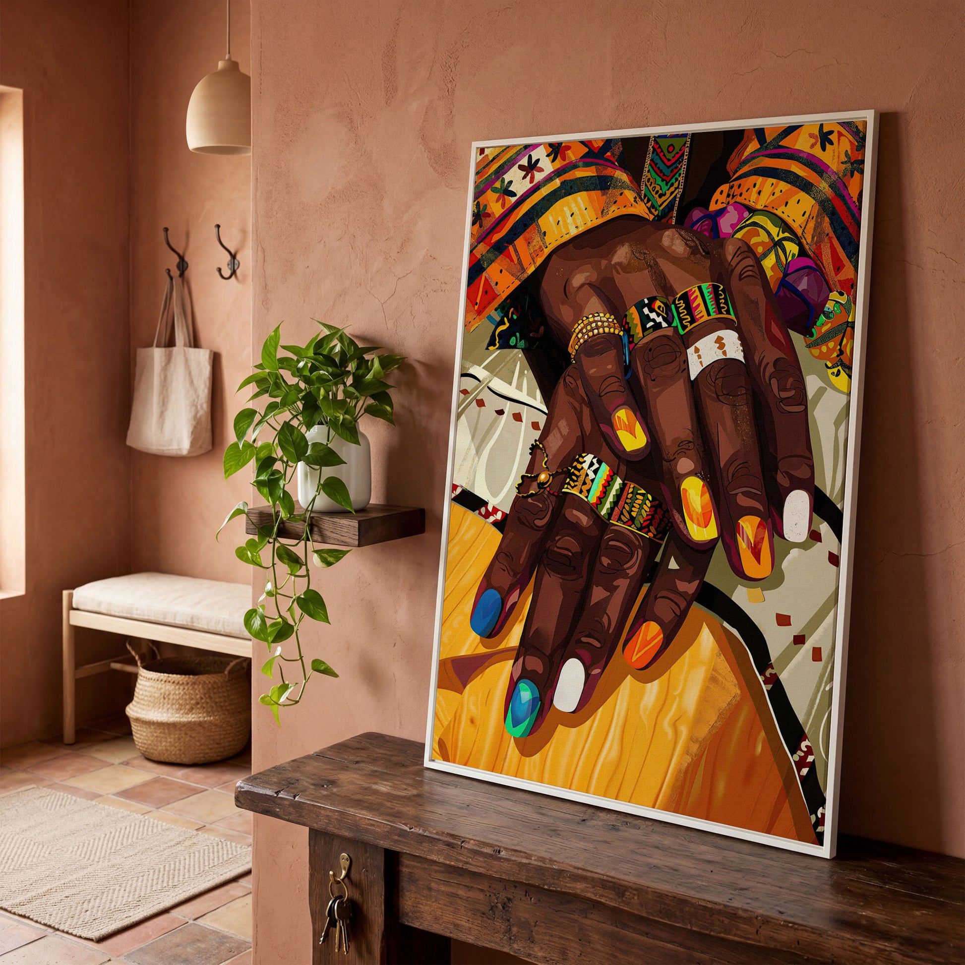 Adorned Hands Canvas Art. Afrocentric Nail and Ring Close-Up in white floating frame