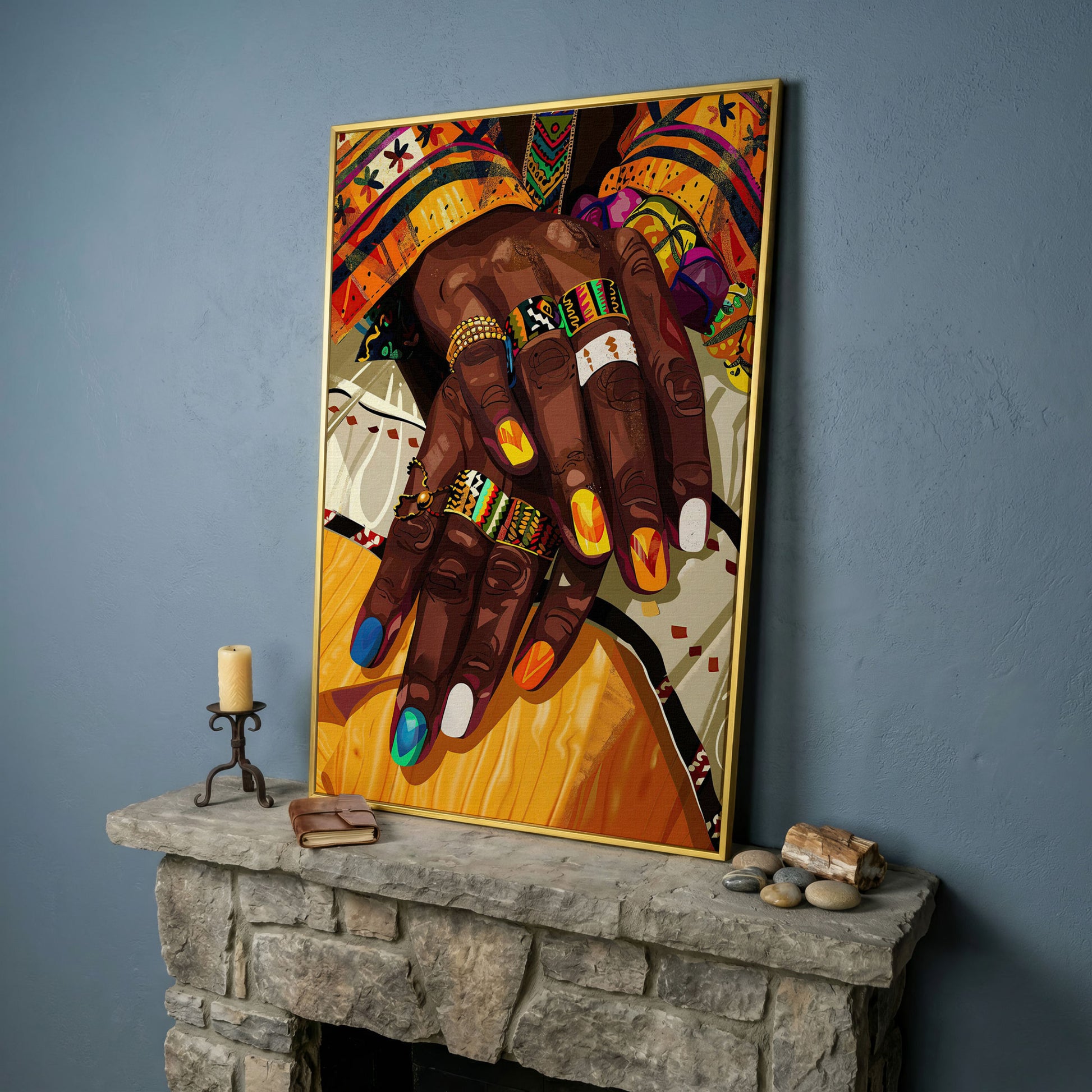 Adorned Hands Canvas Art. Afrocentric Nail and Ring Close-Up in yellow gold floating frame