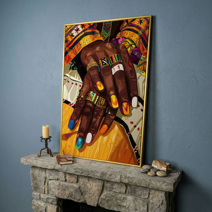 Adorned Hands Canvas Art. Afrocentric Nail and Ring Close-Up in yellow gold floating frame