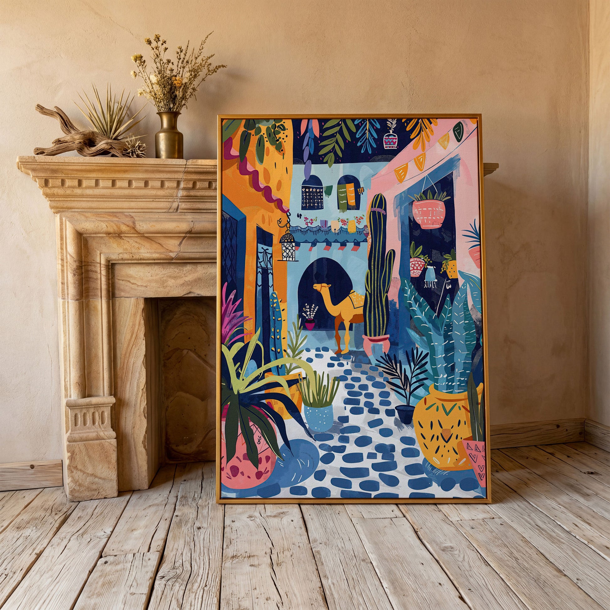 Moroccan Street Camel Canvas Art, Sunlit North African Scene in antique gold floating frame