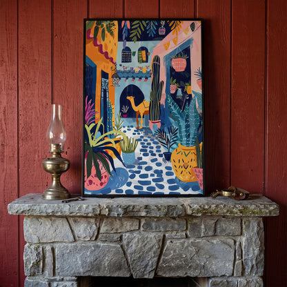 Moroccan Street Camel Canvas Art, Sunlit North African Scene in black floating frame