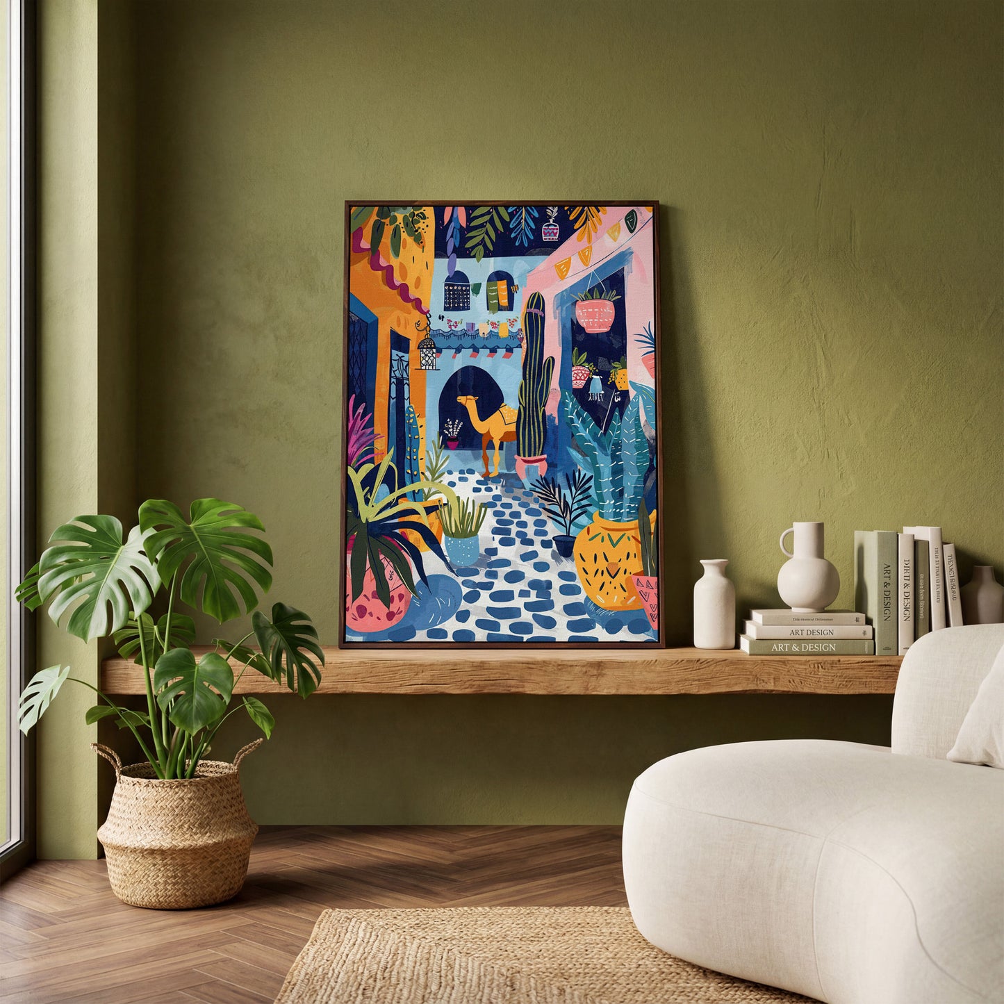 Moroccan Street Camel Canvas Art, Sunlit North African Scene in dark walnut floating frame