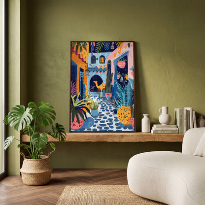 Moroccan Street Camel Canvas Art, Sunlit North African Scene in dark walnut floating frame