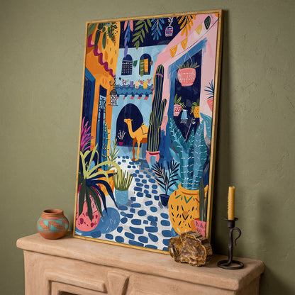 Moroccan Street Camel Canvas Art, Sunlit North African Scene in white oak floating frame