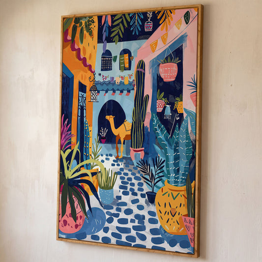Moroccan Street Camel Canvas Art, Sunlit North African Scene shown in white oak floating frame
