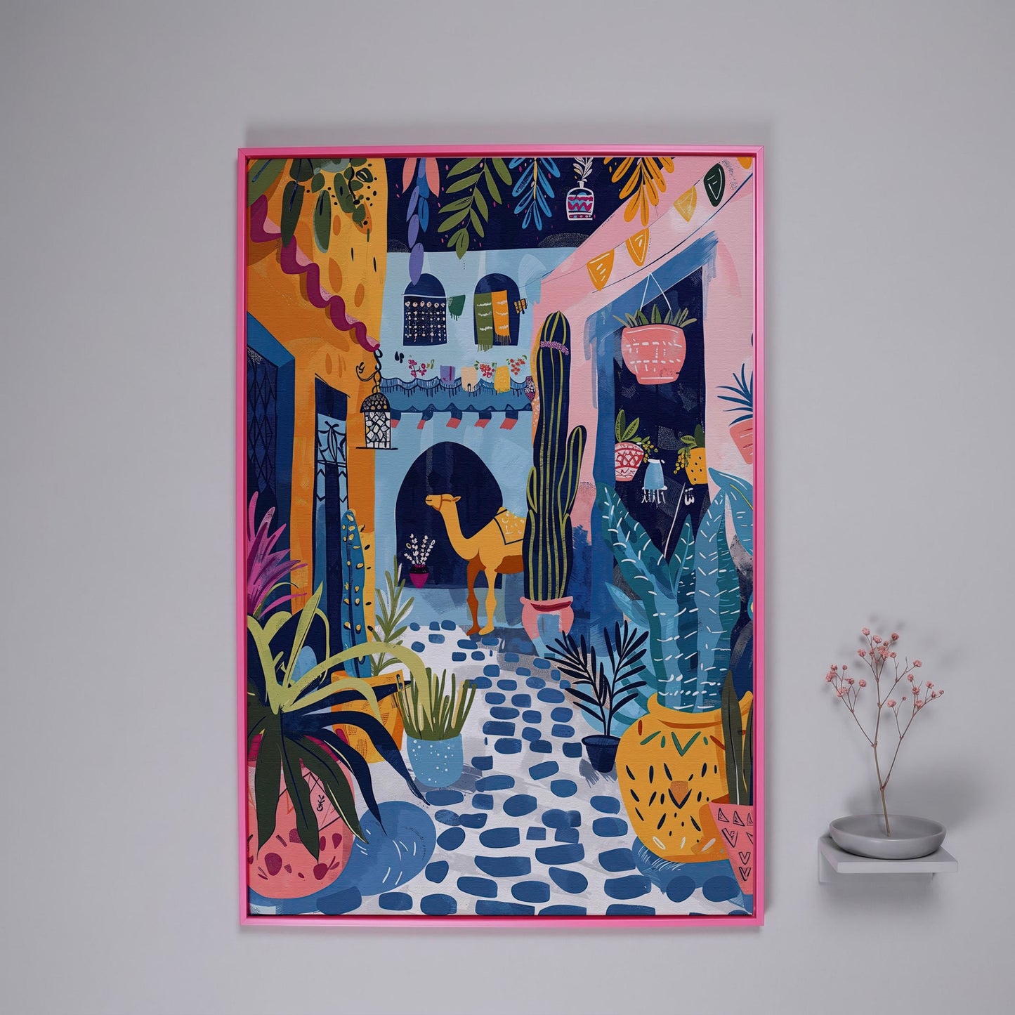 Moroccan Street Camel Canvas Art, Sunlit North African Scene in pink floating frame