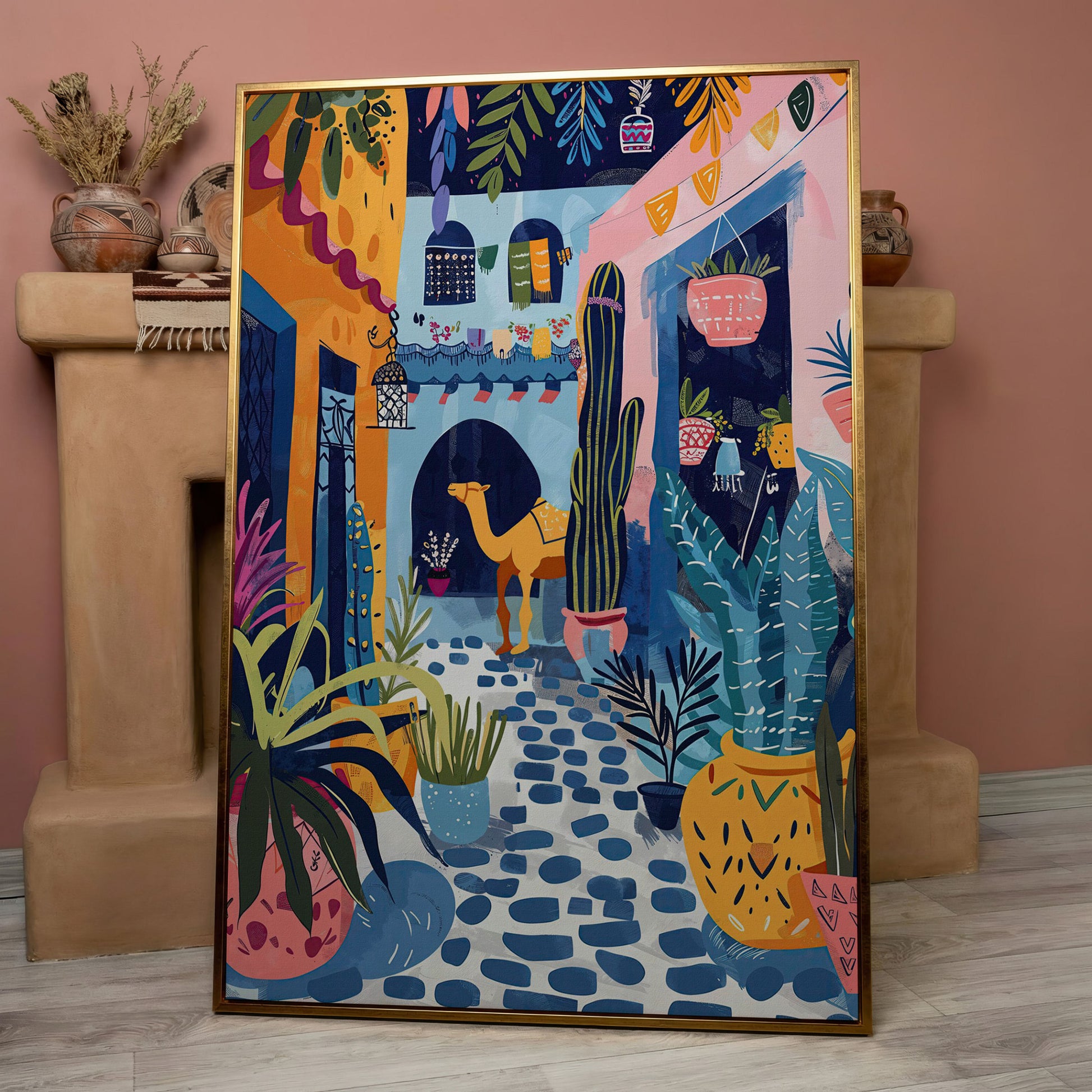 Moroccan Street Camel Canvas Art, Sunlit North African Scene in rose gold floating frame