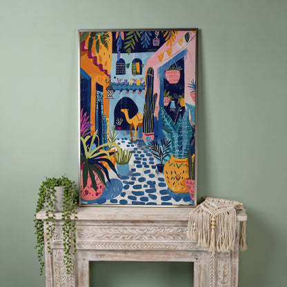 Moroccan Street Camel Canvas Art, Sunlit North African Scene in silver floating frame
