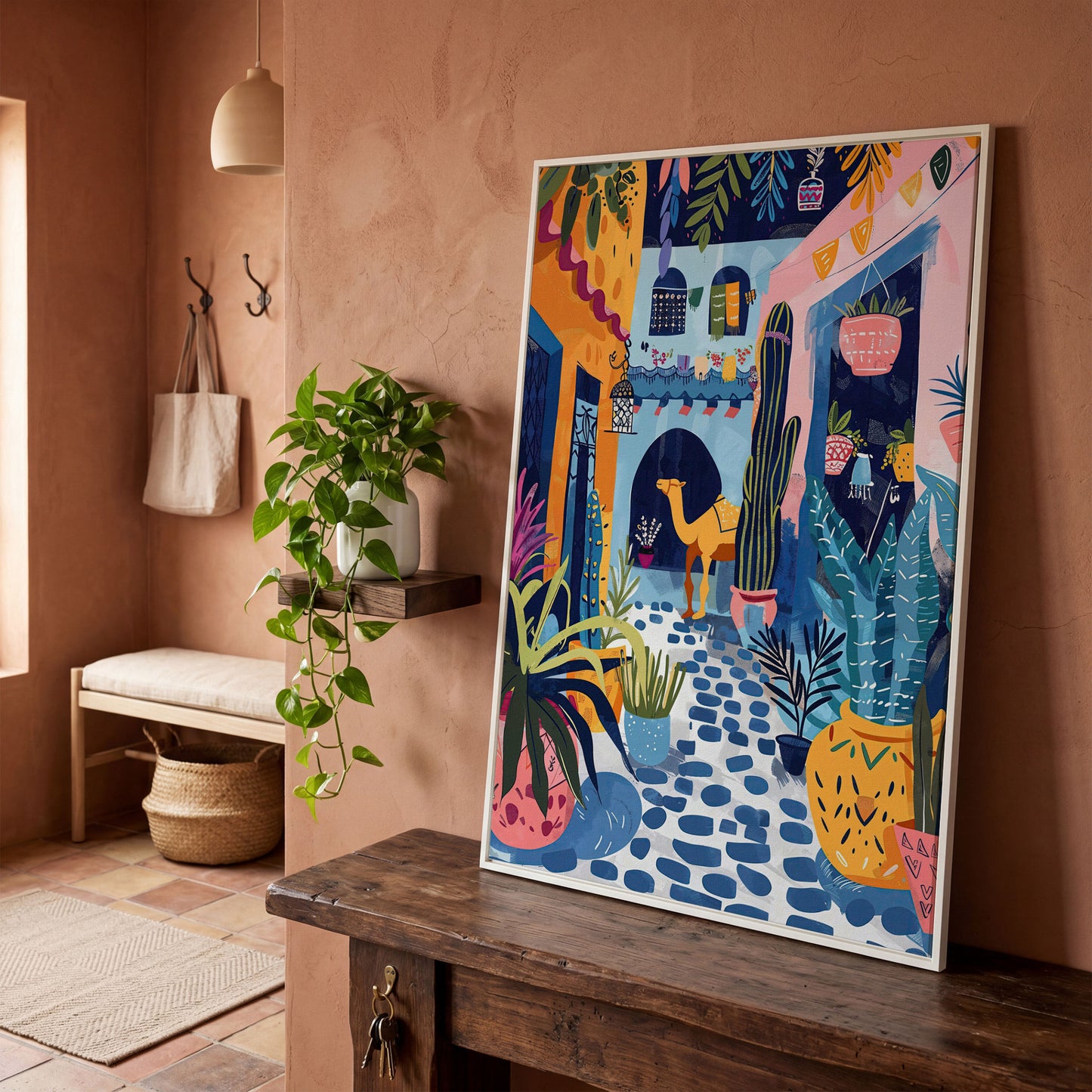 Moroccan Street Camel Canvas Art, Sunlit North African Scene in white floating frame