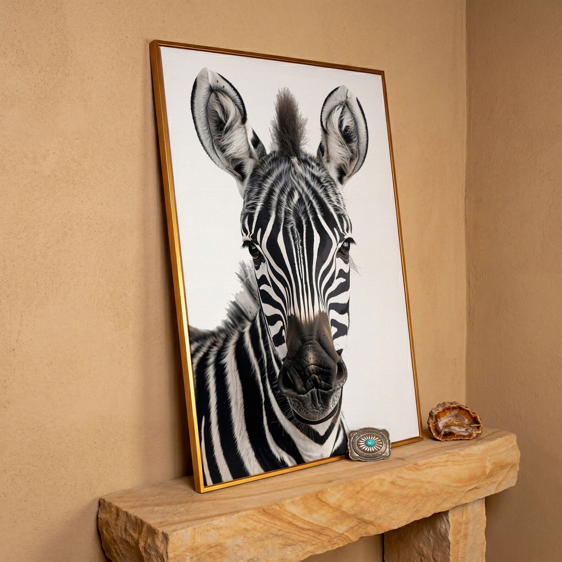 Zebra Portrait Canvas Wall Art, Close-Up Wildlife Photography Print in antique gold floating frame