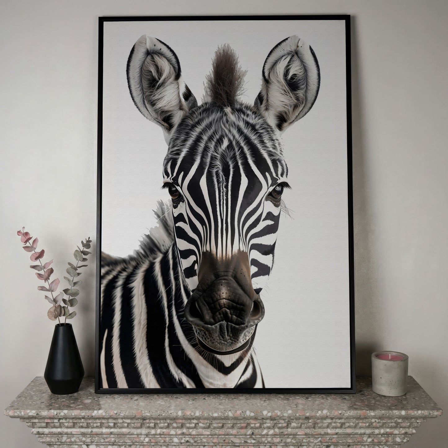 Zebra Portrait Canvas Wall Art, Close-Up Wildlife Photography Print in black floating frame