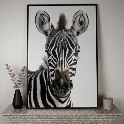 Zebra Portrait Canvas Wall Art, Close-Up Wildlife Photography Print in black floating frame