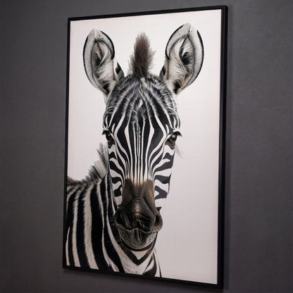 Zebra Portrait Canvas Wall Art, Close-Up Wildlife Photography Print shown in black floating frame