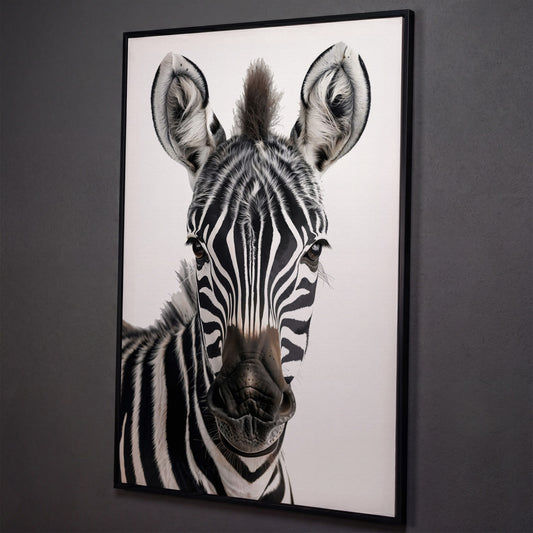 Zebra Portrait Canvas Wall Art, Close-Up Wildlife Photography Print shown in black floating frame