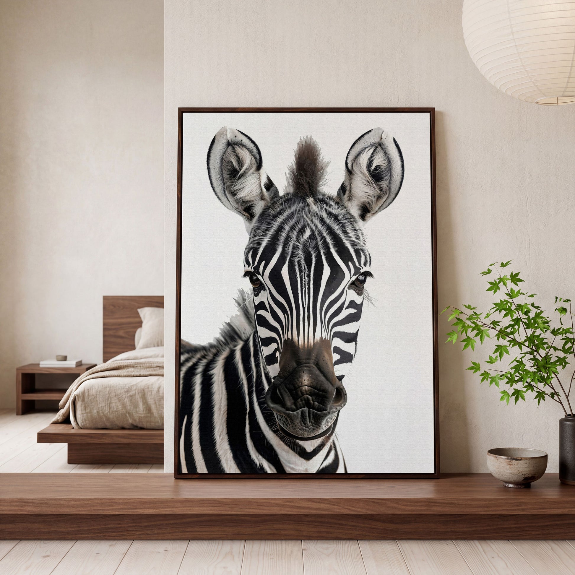 Zebra Portrait Canvas Wall Art, Close-Up Wildlife Photography Print in dark walnut floating frame