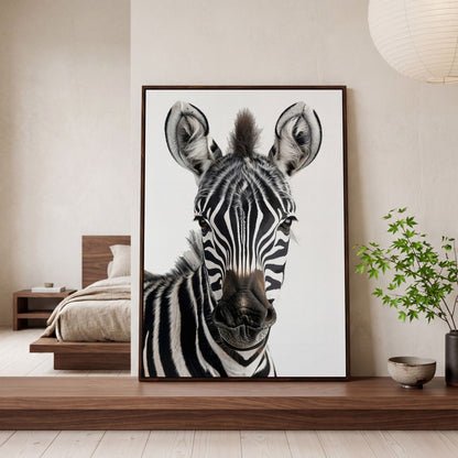 Zebra Portrait Canvas Wall Art, Close-Up Wildlife Photography Print in dark walnut floating frame