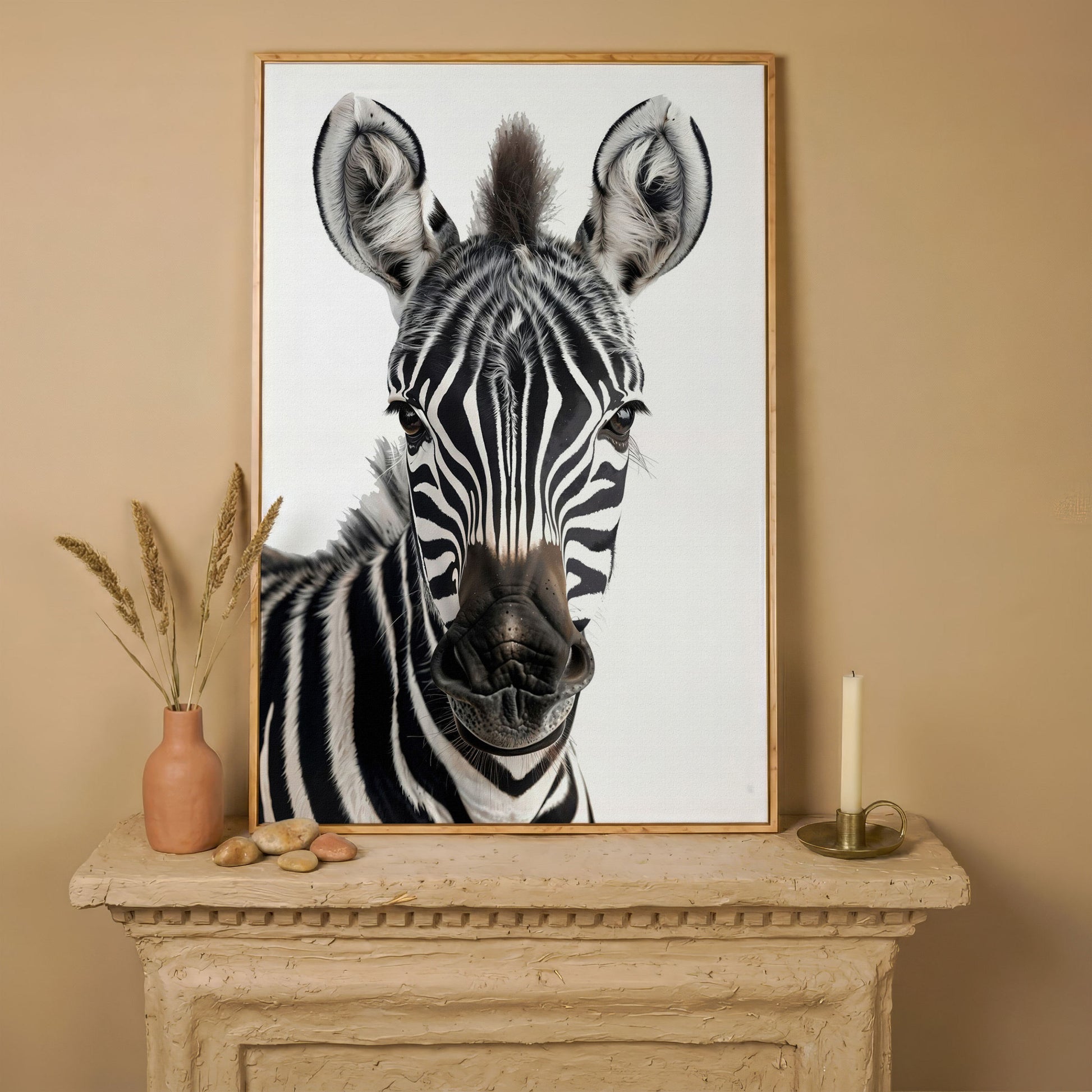 Zebra Portrait Canvas Wall Art, Close-Up Wildlife Photography Print in white oak floating frame