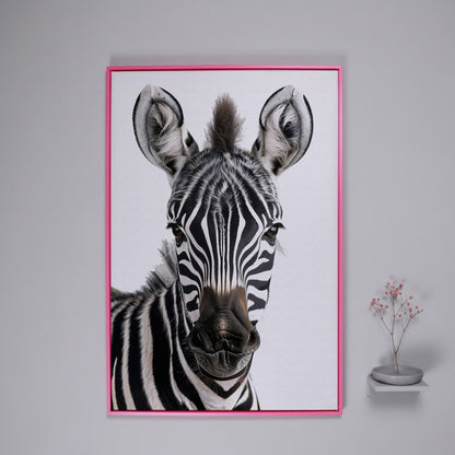 Zebra Portrait Canvas Wall Art, Close-Up Wildlife Photography Print in pink floating frame