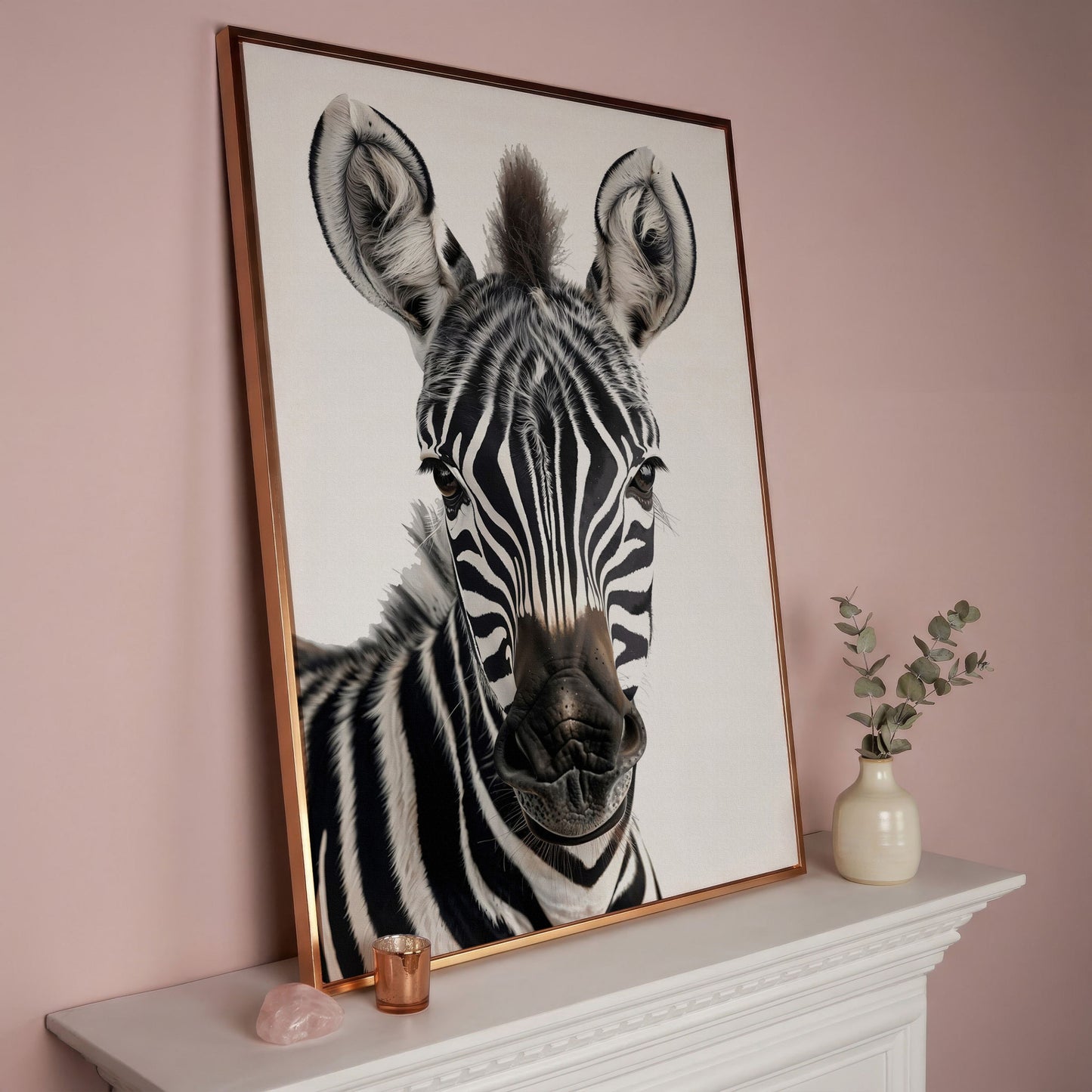 Zebra Portrait Canvas Wall Art, Close-Up Wildlife Photography Print in rose gold floating frame