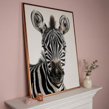 Zebra Portrait Canvas Wall Art, Close-Up Wildlife Photography Print in rose gold floating frame