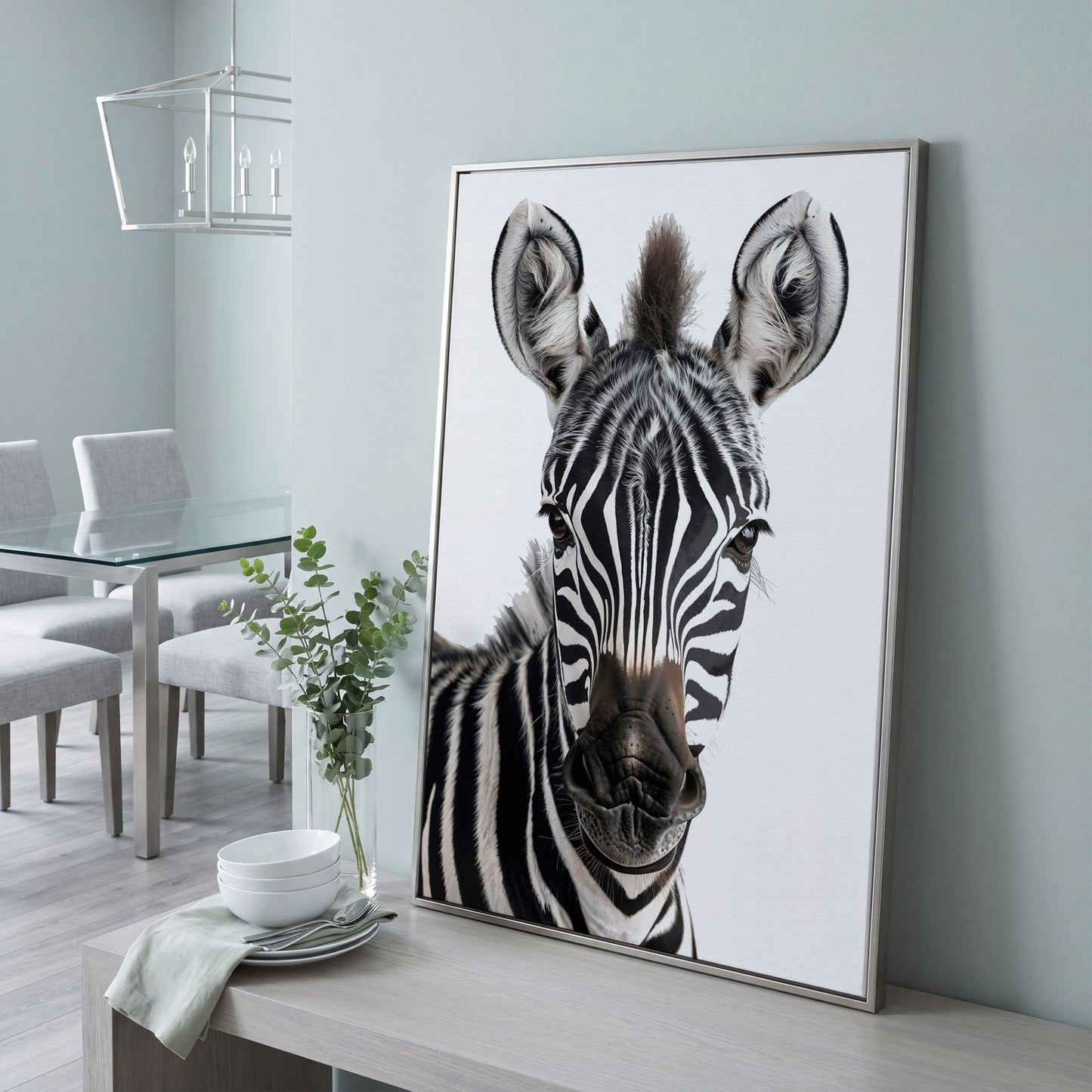 Zebra Portrait Canvas Wall Art, Close-Up Wildlife Photography Print in silver floating frame