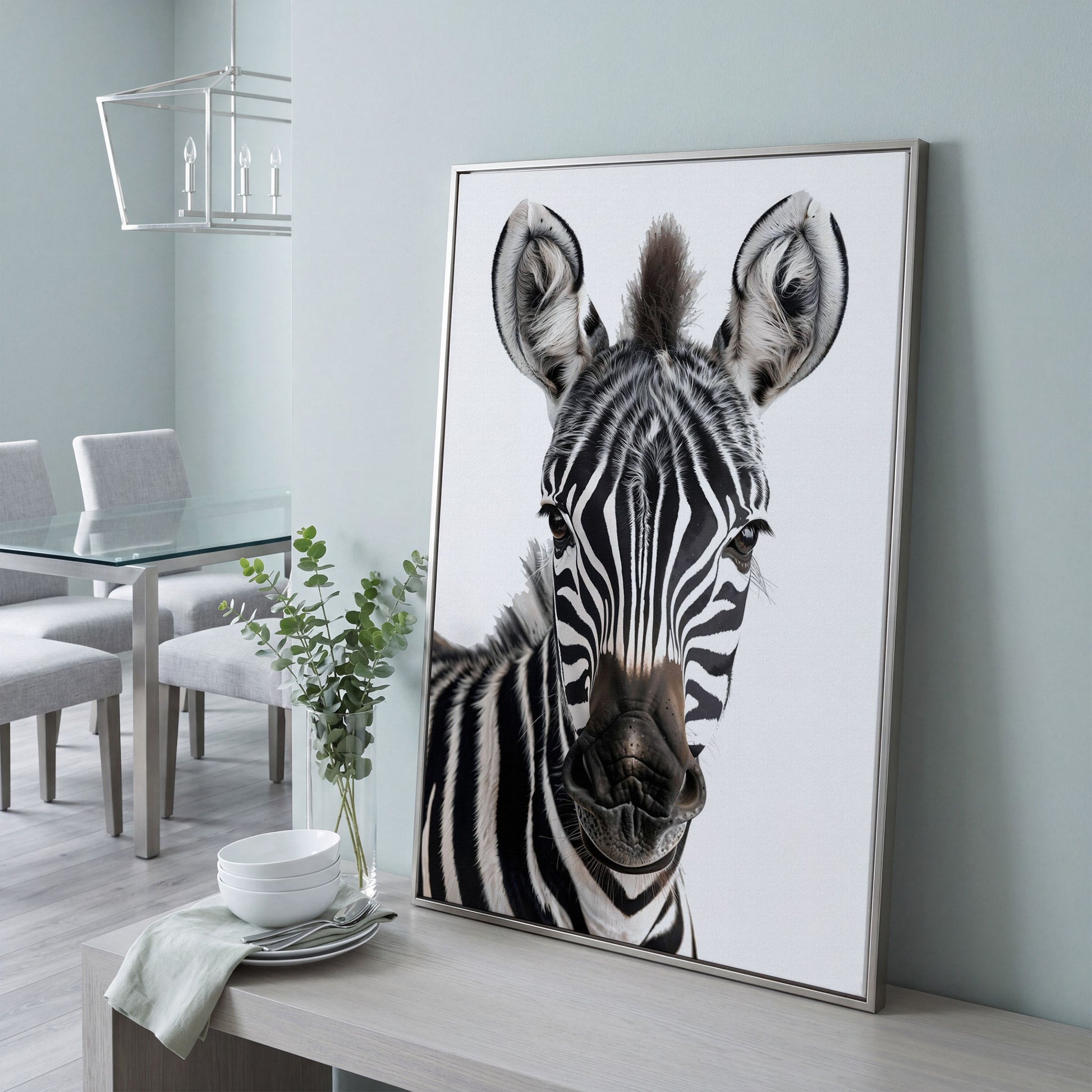 Zebra Portrait Canvas Wall Art, Close-Up Wildlife Photography Print in silver floating frame