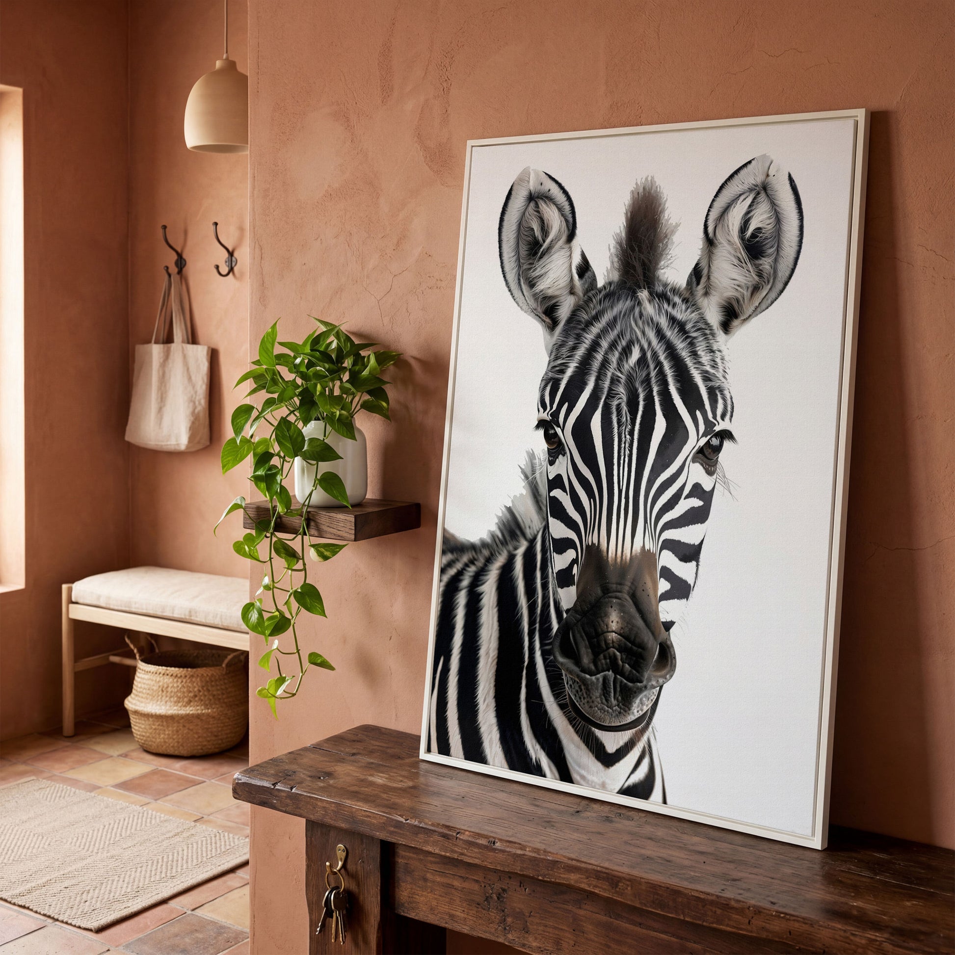 Zebra Portrait Canvas Wall Art, Close-Up Wildlife Photography Print in white floating frame