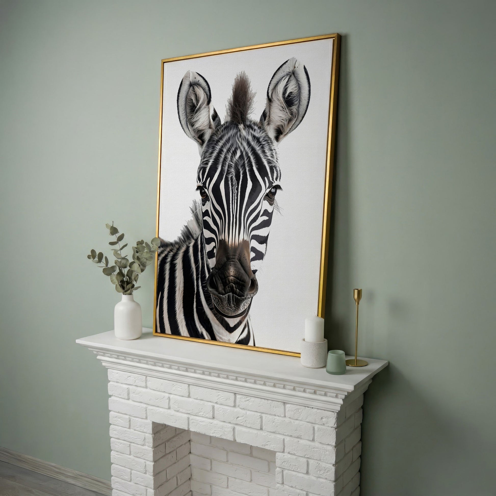 Zebra Portrait Canvas Wall Art, Close-Up Wildlife Photography Print in yellow gold floating frame