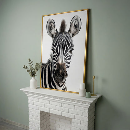 Zebra Portrait Canvas Wall Art, Close-Up Wildlife Photography Print in yellow gold floating frame