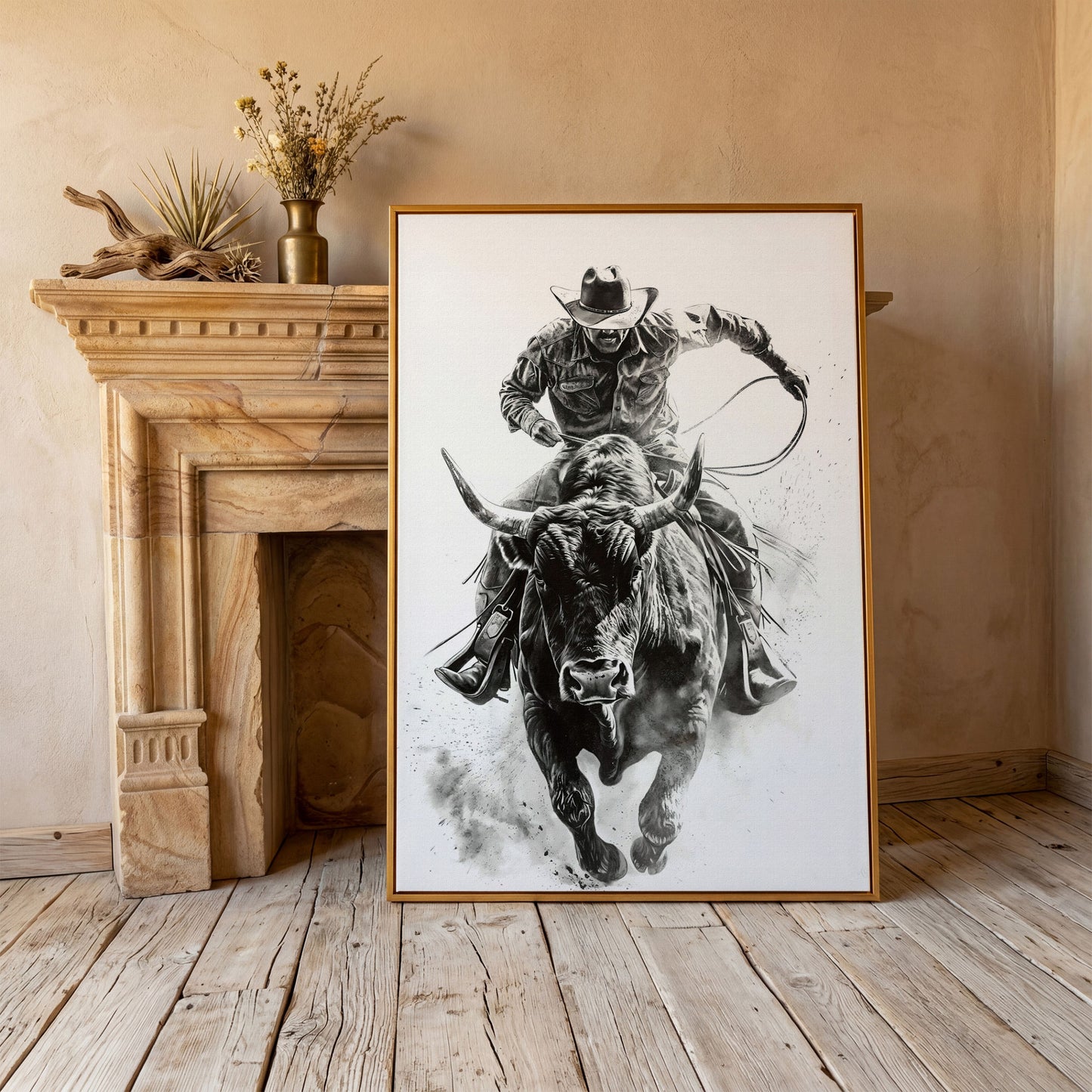 Bull Rider Rodeo Cowboy Canvas Wall Art, Western Sport in antique gold floating frame
