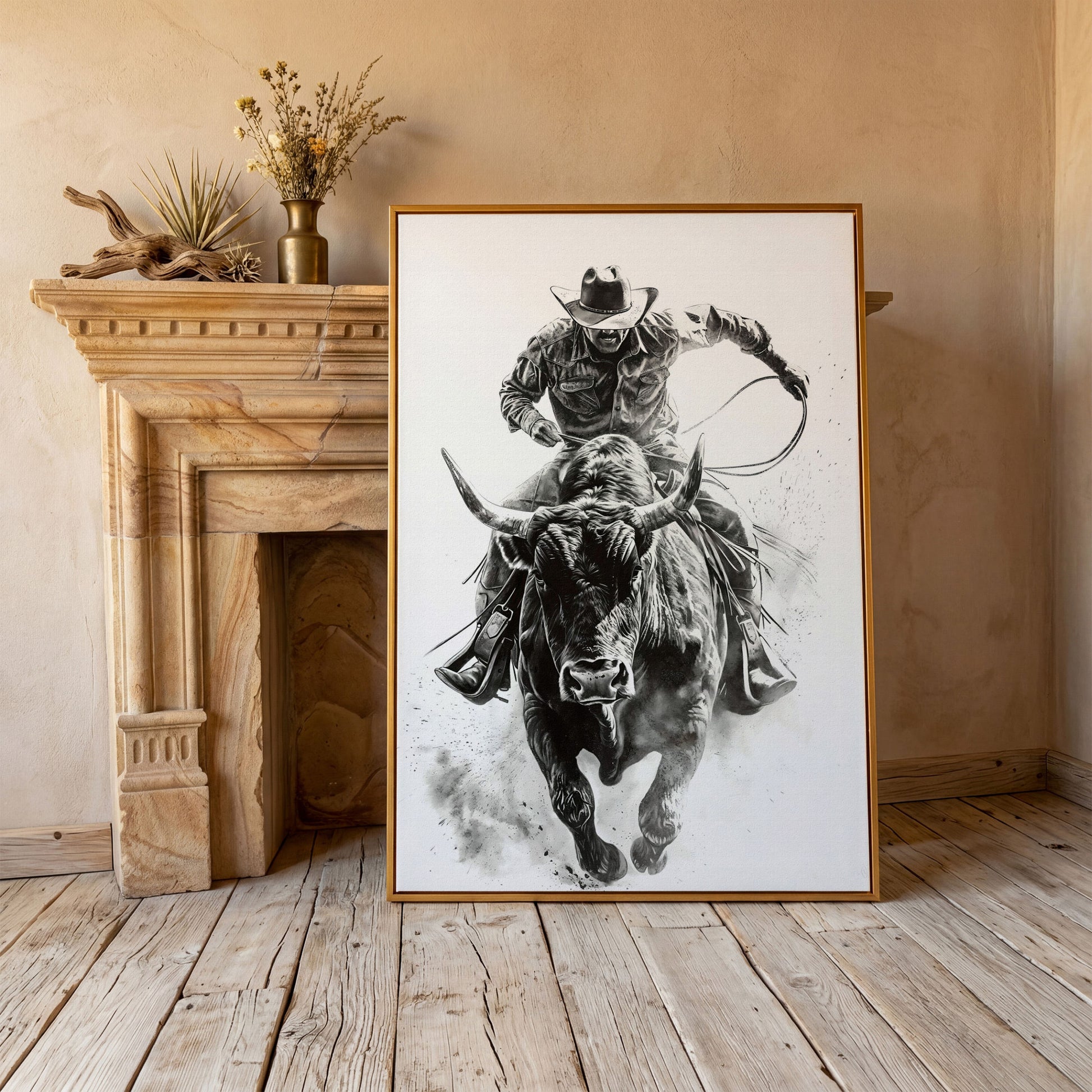 Bull Rider Rodeo Cowboy Canvas Wall Art, Western Sport in antique gold floating frame