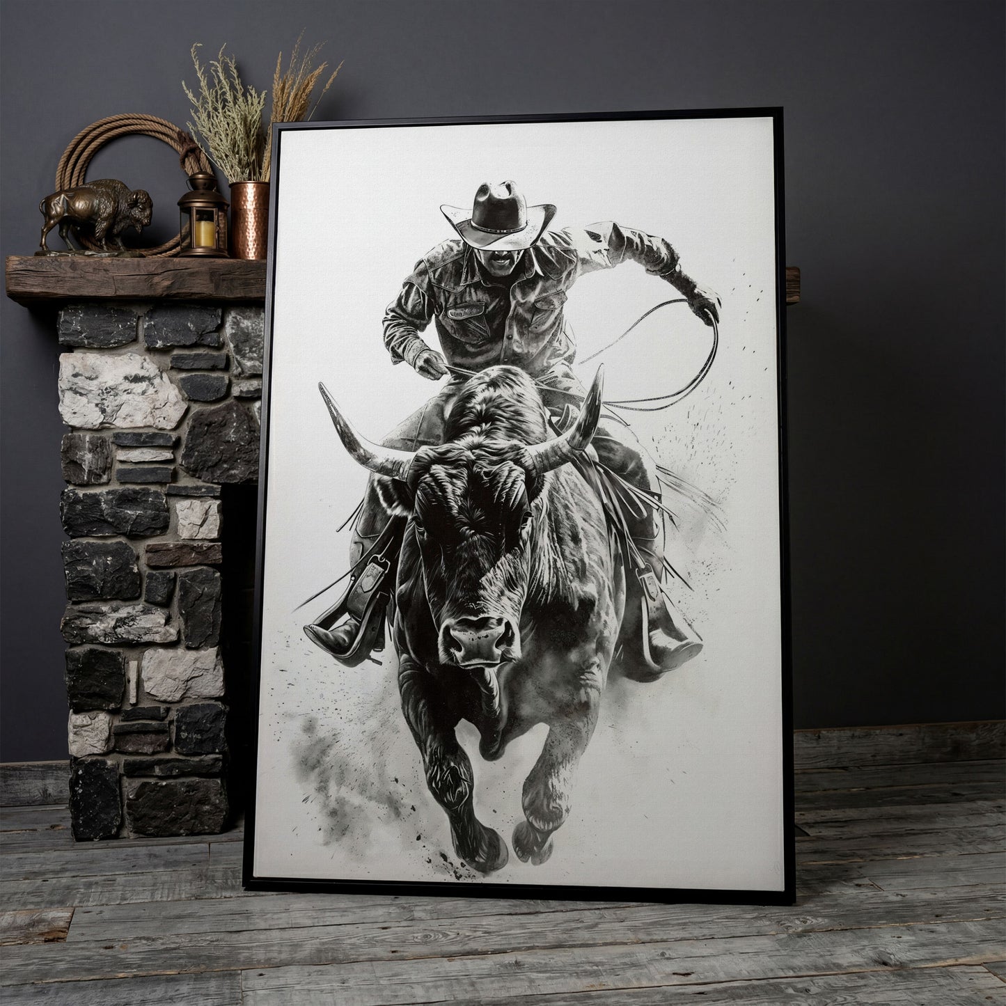 Bull Rider Rodeo Cowboy Canvas Wall Art, Western Sport in black floating frame