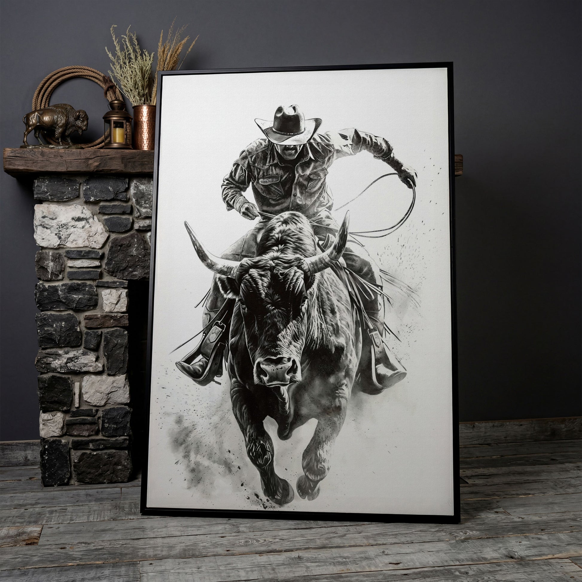 Bull Rider Rodeo Cowboy Canvas Wall Art, Western Sport in black floating frame