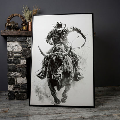 Bull Rider Rodeo Cowboy Canvas Wall Art, Western Sport in black floating frame