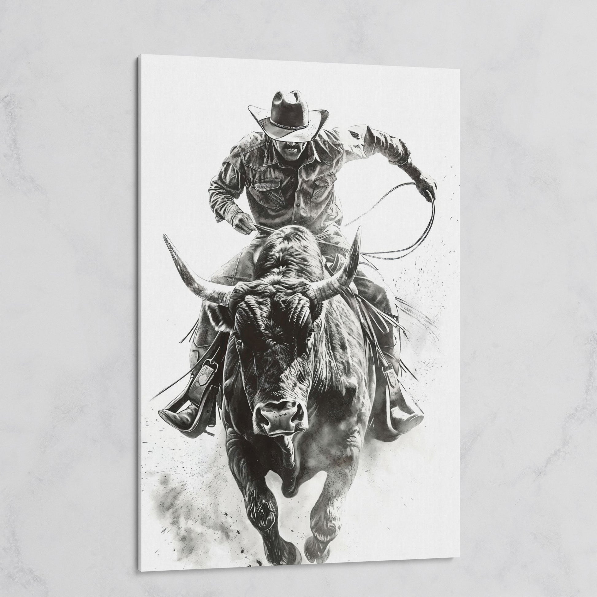Bull Rider Rodeo Cowboy Canvas Wall Art, Western Sport on gallery wrap