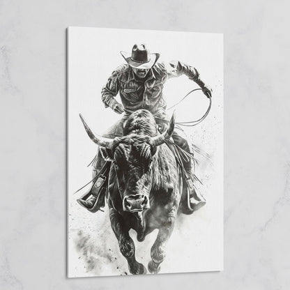 Bull Rider Rodeo Cowboy Canvas Wall Art, Western Sport on gallery wrap