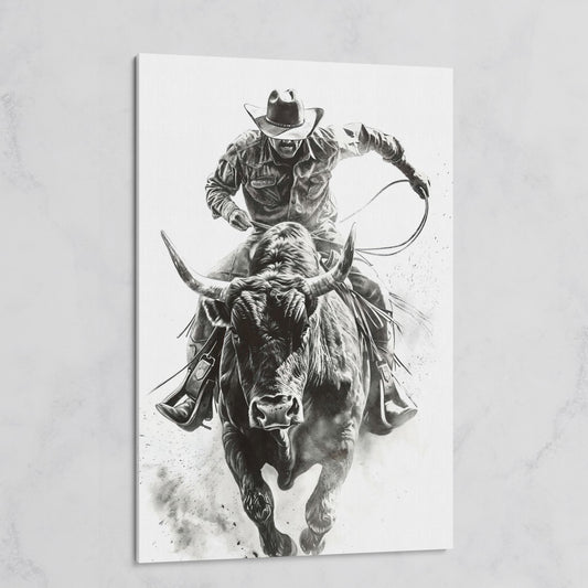 Bull Rider Rodeo Cowboy Canvas Wall Art, Western Sport on gallery wrap
